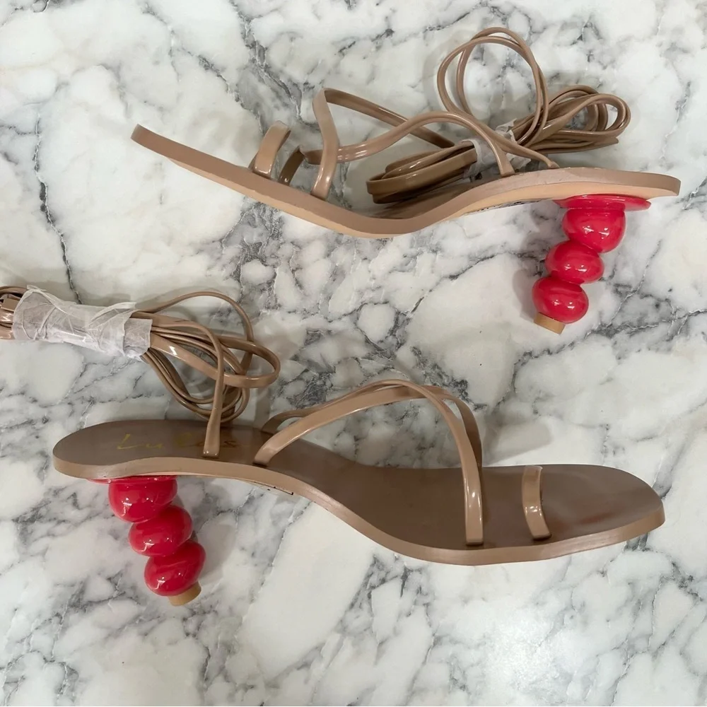 NWOT Lulus Hildain Light Nude and Pink Patent Lace-Up High Heel Sandals